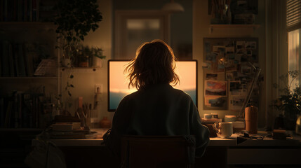 パソコンを操作する女性の後ろ姿