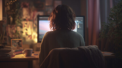 パソコンを操作する女性の後ろ姿