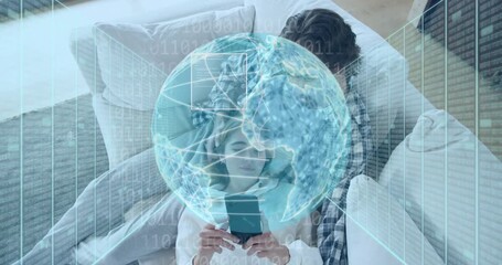 Woman tapping smartphone and showing 3D globe exploring data with interface panels showcasing tech - Powered by Adobe