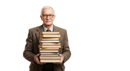 Senior man holding a stack of books isolated on transparent background