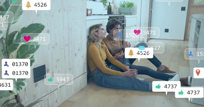 Two women holding mugs reacting to marketing alerts with floating social icons peaking then fading