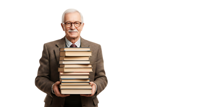 Senior man holding a stack of books isolated on transparent background