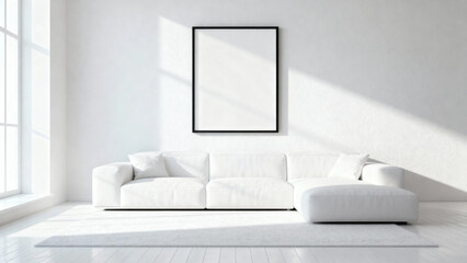 Minimalist white living room with sofa, framed artwork, and natural light from a large window