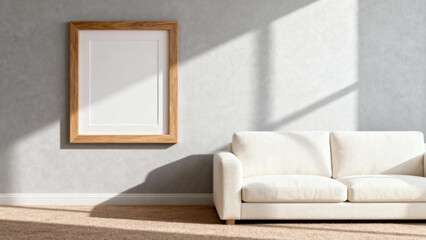 Minimalist living room with white sofa and empty wooden frame on wall