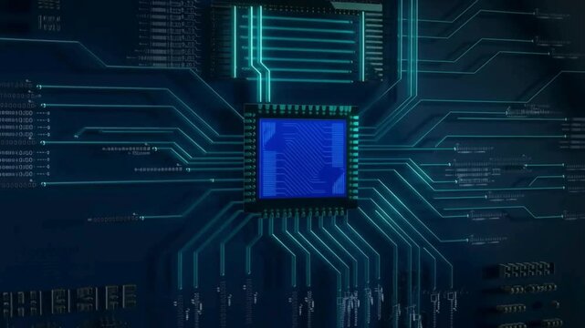 Blue microchip on a circuit board background technology and innovation concept