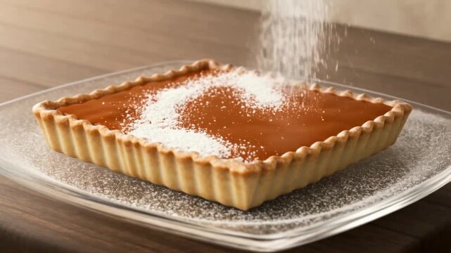 Pumpkin pie being dusted with powdered sugar on a glass plate