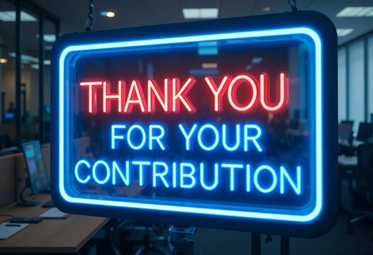 illuminated neon sign expressing gratitude for support and contribution in office setting