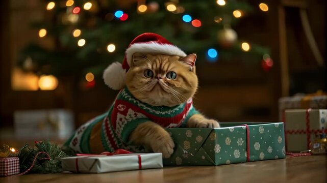 Fluffy cat wearing Santa hat and Christmas sweater sitting on gift box near decorated Christmas tree looking around with calm and curious expression in cozy festive room. Сute Christmas kitten