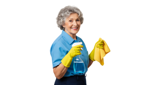 Smiling elderly woman with cleaning spray and cloth isolated on transparent background