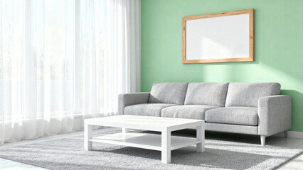 Modern living room with gray sofa, white coffee table, and green wall