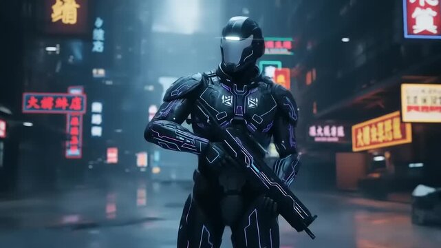 Cyberpunk Enforcer - A Futuristic Guardian in Neon-Lit Cityscape.