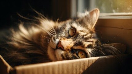 Fluffy feline resting comfortably inside a cardboard container illuminated by warm sunlight
