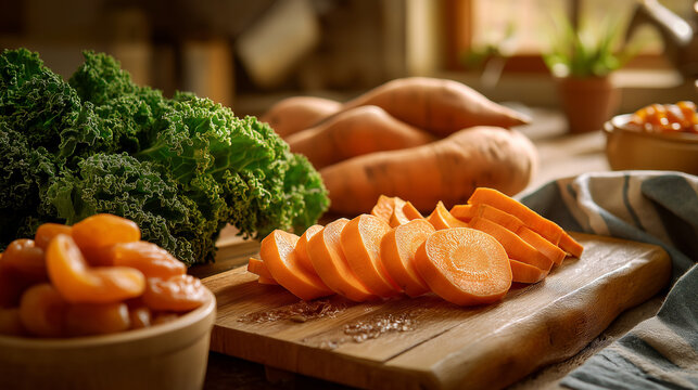 Colorful Vitamin A-Rich Foods Kitchen Scene - Healthy Eating and Nutrition Spread