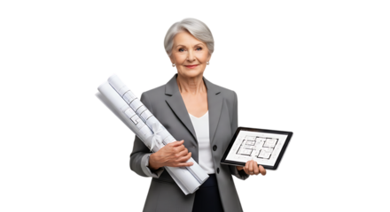 Smiling senior architect holding blueprint isolated on transparent background