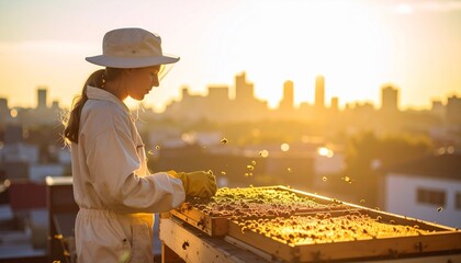Urban Beekeeper Inspecting Honeycomb Frames on Rooftop Apiary