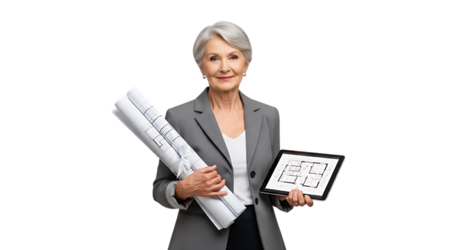 Smiling senior architect holding blueprint isolated on transparent background