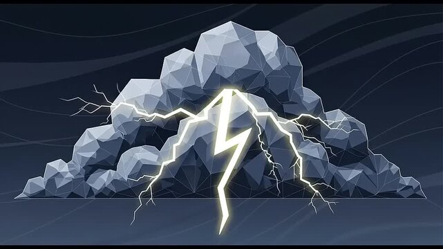 Dynamic Lightning Strikes Across Dark Storm Clouds in a Low Poly Style.