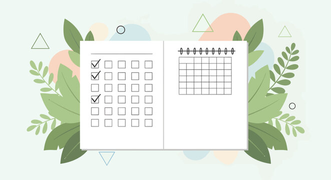 Flat vector illustration of an open daily planner with a checklist and calendar for organizing tasks, managing schedules, and tracking personal goals