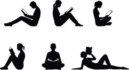 Reading silhouette illustration, seated poses, book lovers, black and white art, leisure activity, relaxation, study time, quiet moment, education, mindfulness