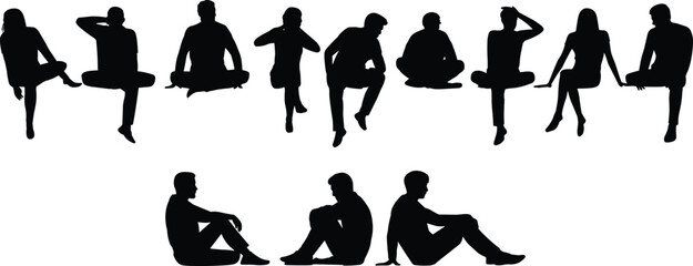 Silhouette illustration of seated people, various sitting postures, black and white vector, body language, ergonomic study, minimal design, human poses