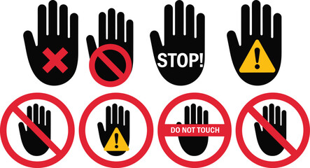 Warning hand icons, prohibition symbols, do not touch signs, black and white vector, safety illustration, workplace hazard, stop gesture, caution, alert