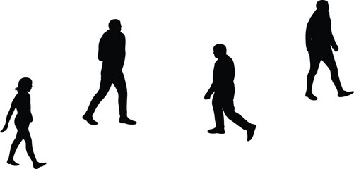 Walking silhouette collection, human motion poses, black vector shapes, casual clothing figures, directional movement icons, gait study illustration, pedestrian posture set