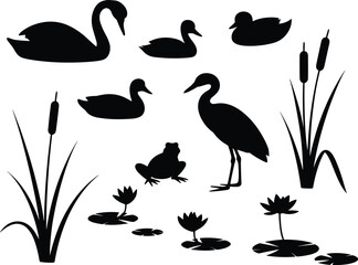 Wetland silhouette, aquatic animals, pond life, swan poses, frog sitting, heron standing, cattail plants, water lilies, nature icons, black shapes, ecosystem art