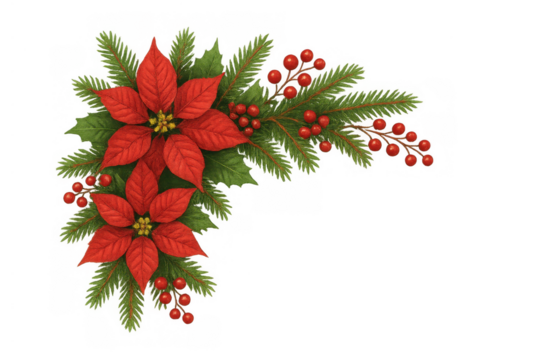 Christmas poinsettia and holly berries accenting holiday fir branch decoration with transparent background
