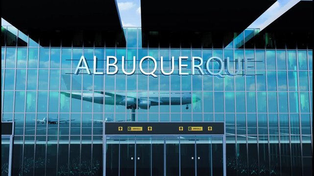 Airlane landing at Albuquerque. Arrival in the city with reflection of airport and aircraft