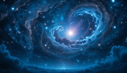 Obraz premium Vast cosmic scene showing a swirling nebula with glowing bright star surrounded by countless
