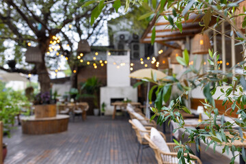 Cozy outdoor restaurant patio with string lights and greenery