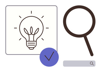 Light bulb sparks creativity, magnifying glass symbolizes search, and checkmark ensures validation. Ideal for innovation, brainstorming, discovery, decision-making, approval, education