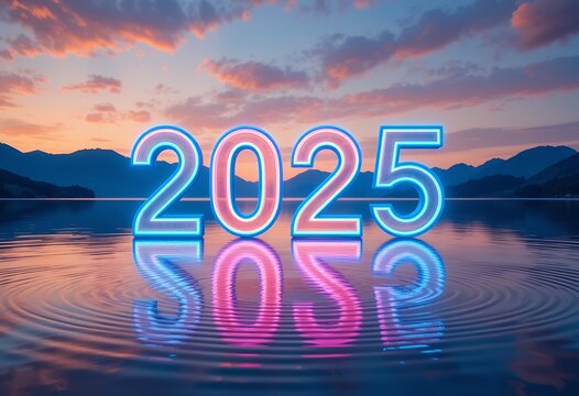 Glowing neon 2025 numbers reflecting on calm water surface during colorful sunset over mountains