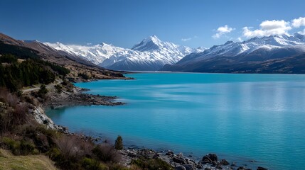 Majestic snowcapped mountain range towers over a vividly blue glacial lake under a clear sky