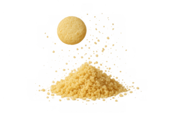 Shortbread cookie crumbling into a pile of crumbs, falling apart on transparent background, sweet bakery disintegration concept