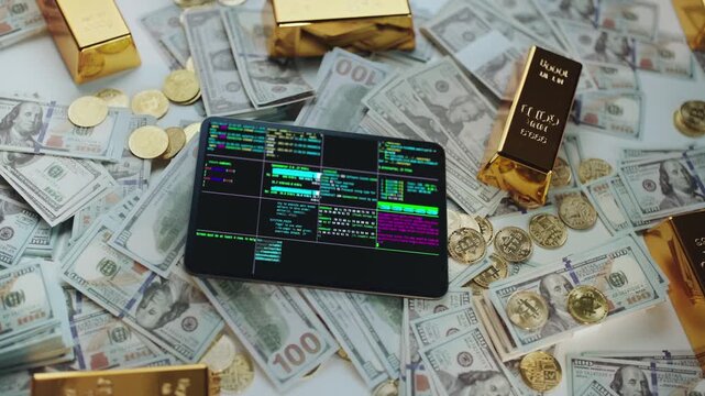 Foldable smartphone displaying hacking code while unfolding on a pile of one hundred dollar bills, gold bars, and bitcoin coins, representing the intersection of technoGradedy, finance, and wealth