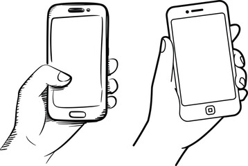 Hands holding smartphones, black and white line drawing, mobile device comparison, minimalist sketch, technology gesture, phone grip illustration