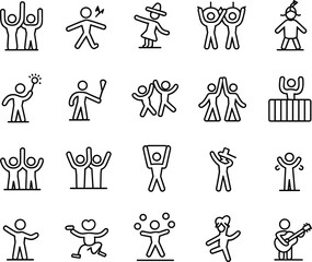 Human activity icons, black and white line drawing, minimalist sketch set, expressive poses, dancing, celebration, creativity, performance, stylized gestures