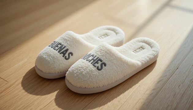 soft cozy slippers with buenas noches text placed on light wooden floor in natural sunlight