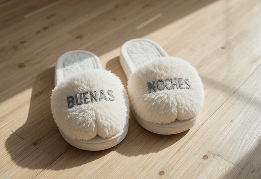 cozy fluffy white slippers with evening greeting text on wooden floor in soft natural light