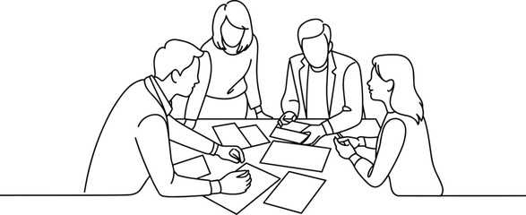 Team collaboration, black and white line drawing, group meeting sketch, brainstorming session, minimalist business illustration, planning concept, workplace interaction