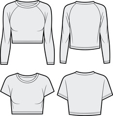 Two cropped top fashion sketches, raglan and set-in sleeves, round neckline, front and back views, CAD drawing, flat vector illustration