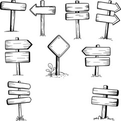 Wooden signposts, directional signage, black and white line drawing, rustic signs, blank arrows, navigation sketch, outdoor markers, minimalist illustration