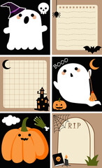 Halloween holiday ghost kids memo note template. Halloween spooky to do list label, kids creepy diary vector memo note. Autumn holiday scrapbook frame, child sticker with funny ghost spirit character