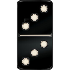 A single black domino with four white dots on the top half and three white dots on the bottom half against a transparent background representing a game piece