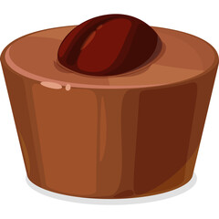 A single brown chocolate candy with a dark brown bean shaped topping on a white isolated background with subtle shading and a clear transparent background