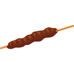 A single brown sausage on a wooden skewer with a transparent background displaying a pixel art style.