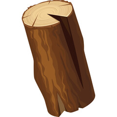 A Single Brown Wooden Log with Visible Grain and a Split on a Transparent Background