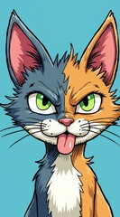 Obraz premium A cartoon cat with a split personalityhalf gray, half orangewith an angry, grumpy expression and its tongue sticking out. The feline sits confidently against a solid teal background.