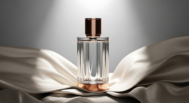 Luxurious perfume bottle on silk fabric, showcasing elegance and sophistication in soft lighting